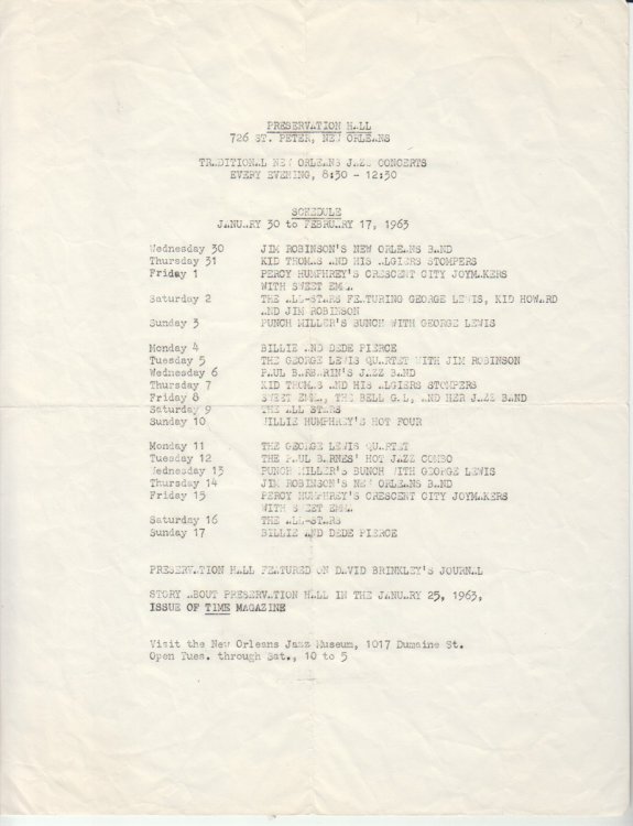 Preservation Hall . Schedule