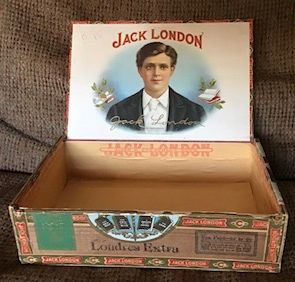 Cigar Box with art work depicting a young Jack London and his book titles.
