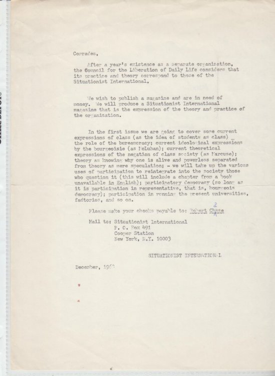 After a year's existence.(December, 1968) [Mimeo letter announcing US Situationist International]