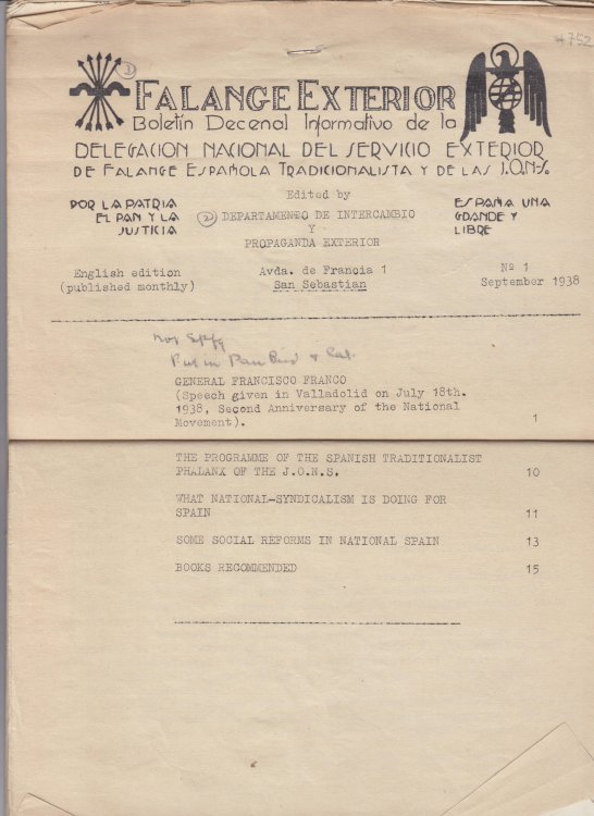 Falange Exterior / Boletin Decenal Informatovo de la / Delegacion Nacional del Servicio Exterior de Falange Espanola Tradicionalista y de Las J.O.N.S. No1 (September 1938)