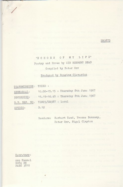 Echoes of My Life. Poetry and Prose by Sir Herbert Read