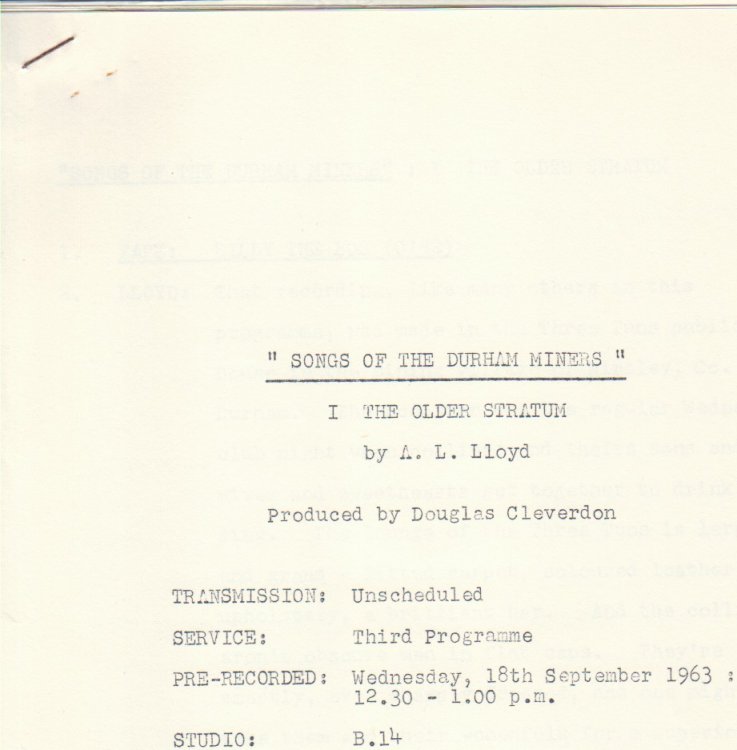 Songs of the Durham Miners. I: The Older Stratum