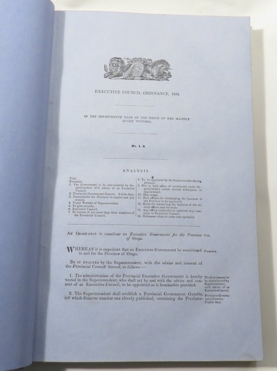 Ordinances of the Province of Otago, N. Z. [New Zealand] Session I. to XIV. Inclusive.