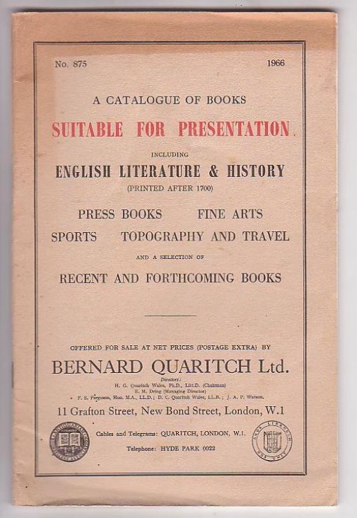A Catalogue of Books Suitable for Preservation including English Literature & History (Printed After 1700); Press Books; Fine Arts; Sports; Topography and Travel and a selection of Recent and Forthcoming Books