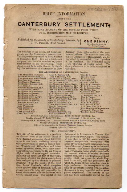 Brief Information about the Canterbury Settlement, with some account of the sources from which full information may be derived.