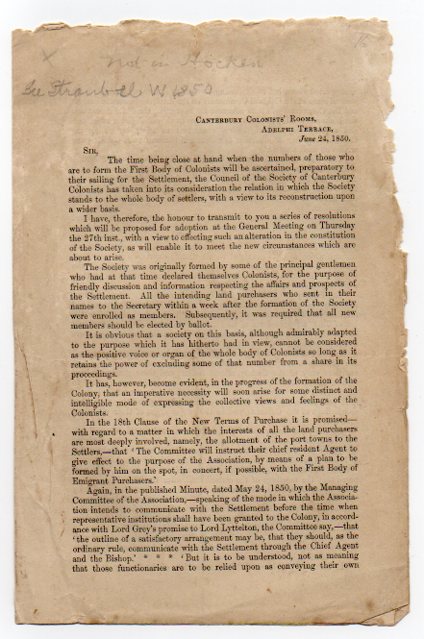 Canterbury Colonists' Rooms, Adelphi Terrace, June 24, 1850. Sir, The time being close at hand [. . .] [No title. Printed letter to members of the Society of Canterbury Colonists]