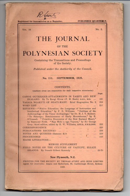The Journal of the Polynesian Society. No. 151. September, 1929 - Vol. 38, No. 3.