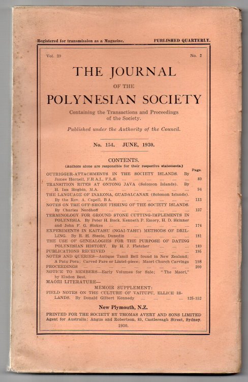 The Journal of the Polynesian Society. No. 154. June, 1930 - Vol. 39, No. 2.