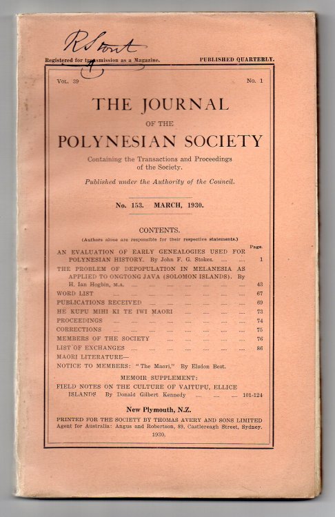 The Journal of the Polynesian Society. No. 153. March, 1930 - Vol. 39, No. 1.