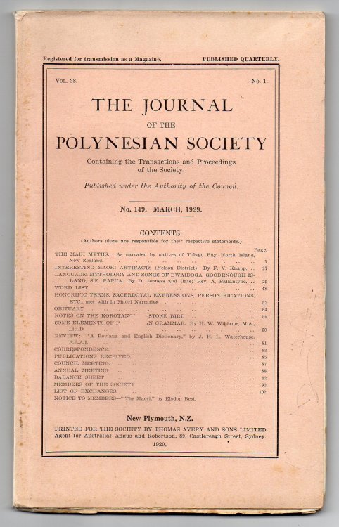The Journal of the Polynesian Society. No. 149. March, 1929 - Vol. 38, No. 1.