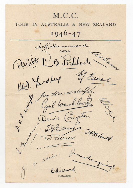 [M.C.C. cricket team sheet of facsimile autographs - M.C.C. Tour in Australia & New Zealand 1946-47]