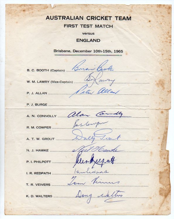 [Sheet of autographs of Australian Cricket Team - First Test Match versus England - Brisbane, December 10th-15th, 1965]