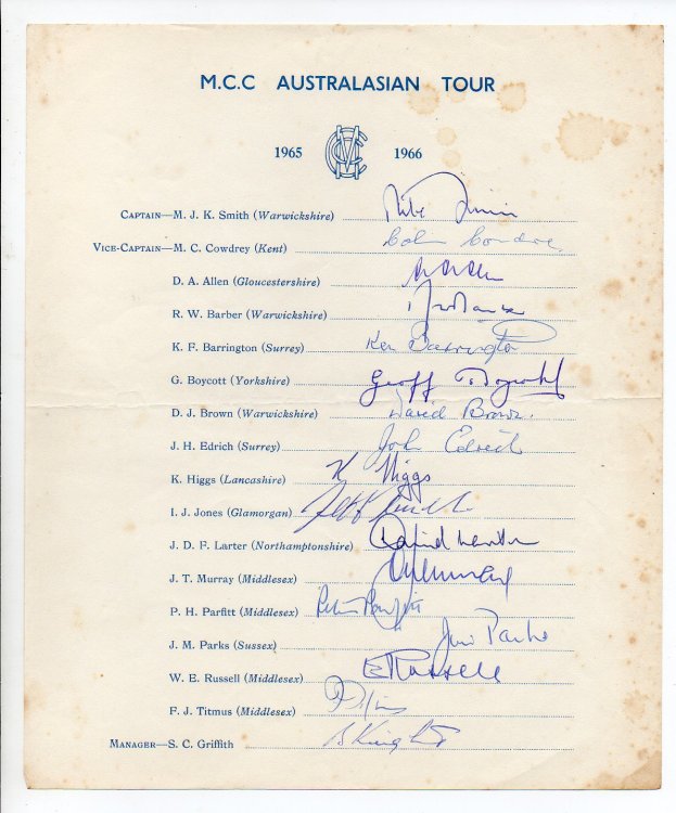 [Sheet of autographs of the M.C.C. team - M.C.C. Australasian Tour 1965 1966]