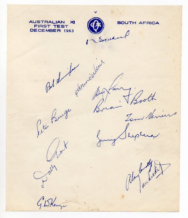 [Australia XI cricket team sheet of facsimile autographs - Australian XI First Test December 1963 v South Africa]
