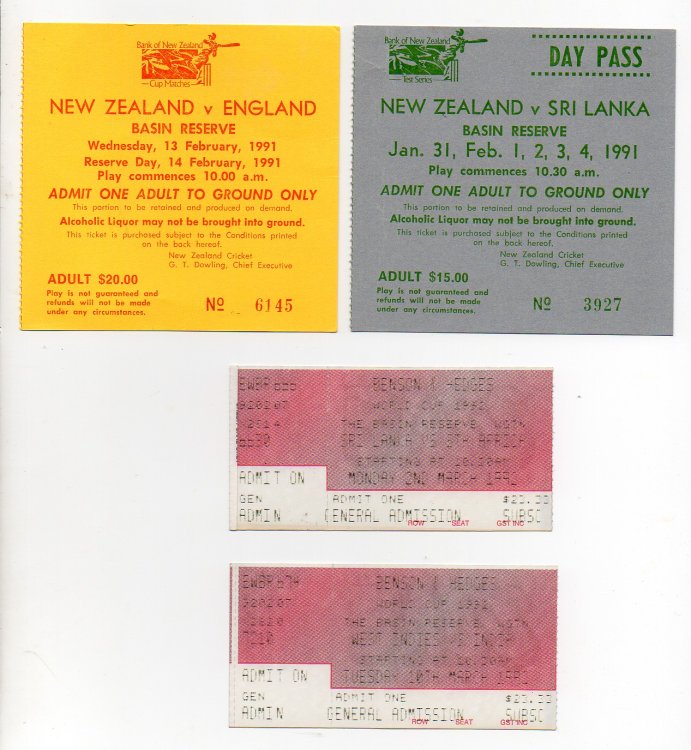 [group of 4 tickets - Basin Reserve, Wellington 1991-1992]