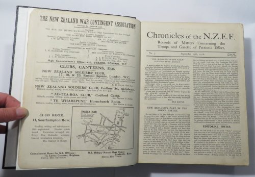 Chronicles of the N.Z.E.F. : Records of Matters Concerning the Troops and Gazette of Patriotic Effort [bound volume of 39 issues, a broken run from 1916-1919]