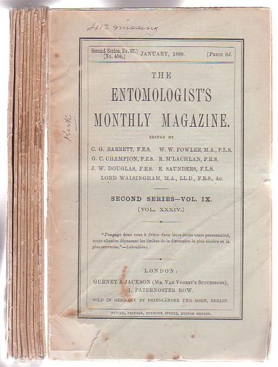 The Entomologist's Monthly Magazine Vol XXXIV, 1898. 11 of 12 parts.