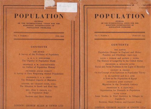 Population: Journal of the International Union for the Scientific Investigation of Population Problems. Vol I, Numbers 1 and 2 only.
