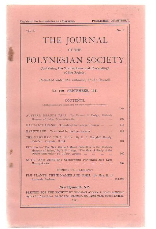 The Journal Of The Polynesian Society Containing The Transactions And Proceedings Of The Society. Volume 50, Number 3.