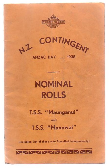 N.Z. Contingent Anzac Day . . . 1938 Nominal Rolls T.S.S. 