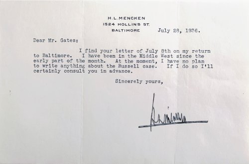 [20 TYPED LETTERS SIGNED from H.L. Mencken to [Arnold Francis Gates] Gates (1914-1993), each dated and signed on Mencken's distinctive horizontal half sheet letterhead, typed on one side only. Baltimore: July 3, 1936 to September 4, 1942.].