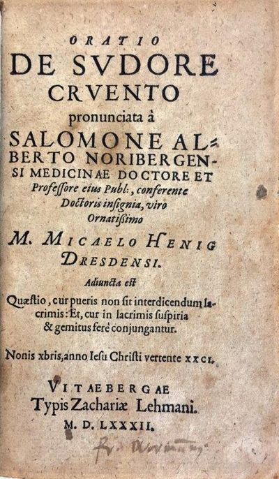 Oratio de sudore cruento pronunciata a Salmone Alberto noriber gensi medicinae doctore et professore eius publ., conferente doctoris insignia, viro ornatissimo; M. Micaelo Henig Dresdensi. Adjuncta est Quaestio, cur pueris non sit interdicendum lacrimis: et, cur in lacrimis suspiria & gemitus fere c