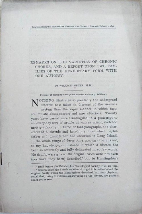 Remarks on the Varieties of Chronic Chorea, and a Report Upon Two Families of the Hereditary Form with One Autopsy. [Offprint].