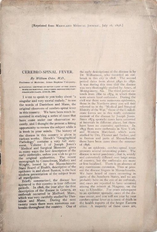 Cerebro-Spinal Fever. A clinical lecture on seven cases at the Johns Hopkins Hospital, delivered before the post-graduate class, June, 15, 1898. [Offprint].