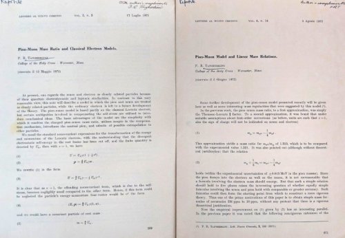 [2 offprints, signed, including:] Pion-Muon Model and Linear Mass Relations.