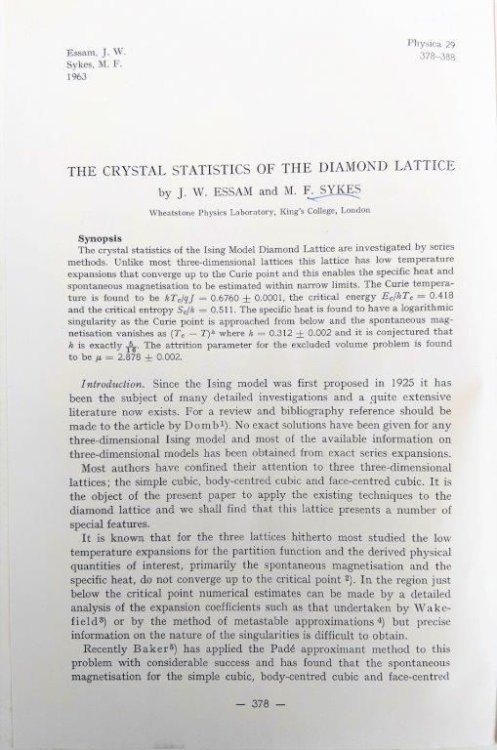 The Crystal Statistics of the Diamond Lattice. [Offprint].