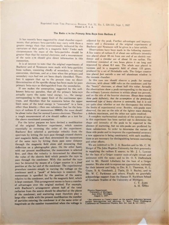 The Ratio e/m for Primary Beta-Rays from Radium E. [Offprint].