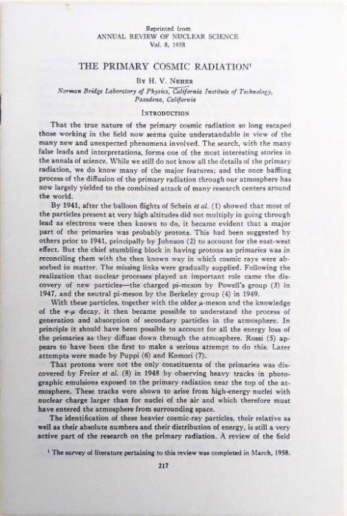 The Primary Cosmic Radiation. [Offprint].