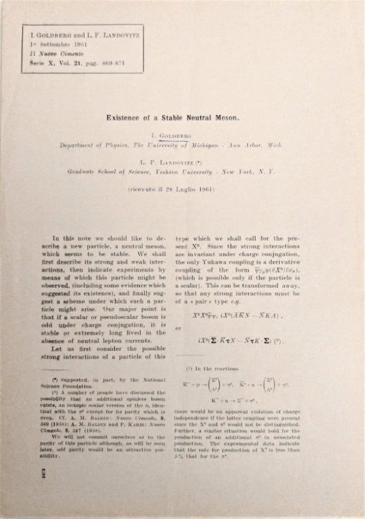 Existence of a Stable Neutral Meson. [Offprint].