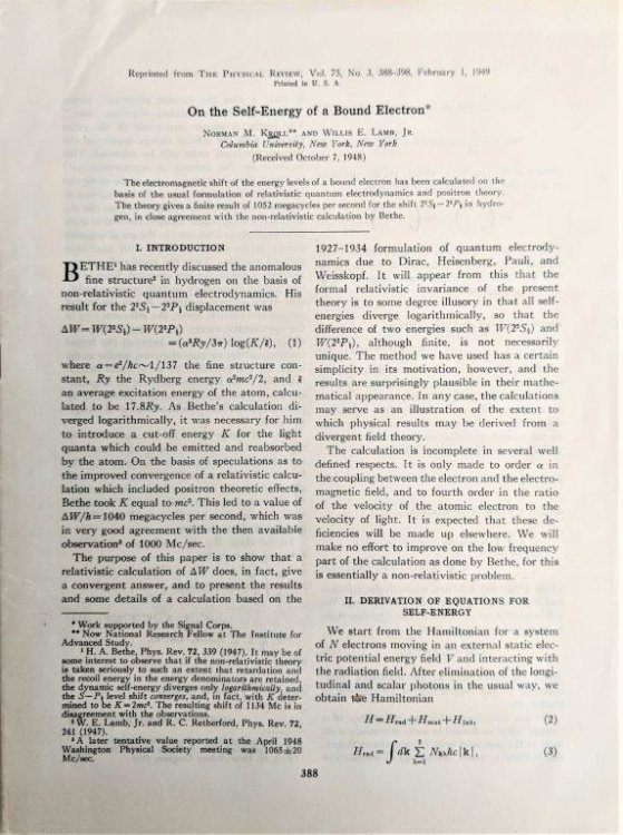 On the Self-Energy of a Bound Electron. [Offprint from: The Physical Review, Vol. 75, No. 3, pp. 388- 398, February 1, 1949].