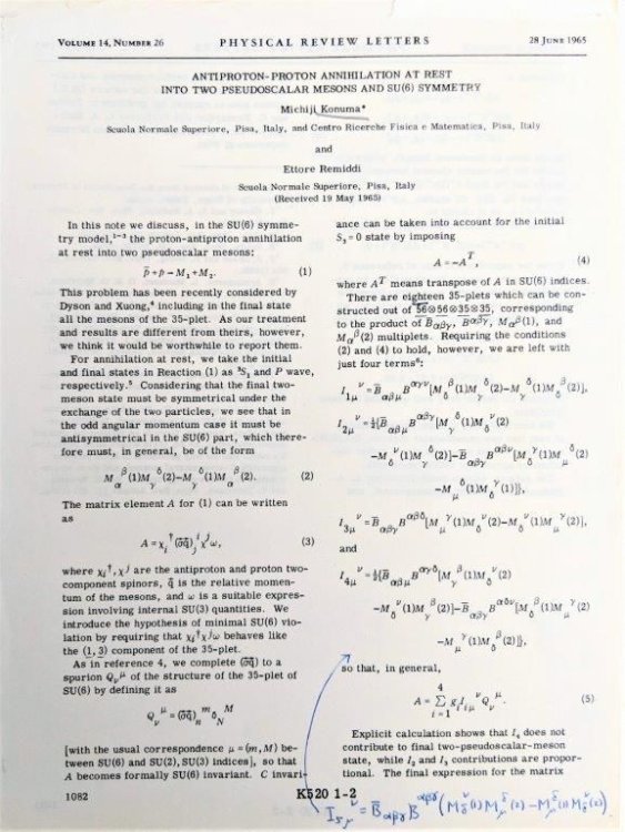Antiproton-Proton Annihilation at rest into two Pseudoscalar Mesons and SU (6) Symmetry. [Offprint from: Physical Review Letters, Volume 14, Number 26, June 28, 1965].