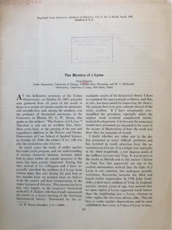 The Mystery of B [Beta] Lyrae. [offprint].