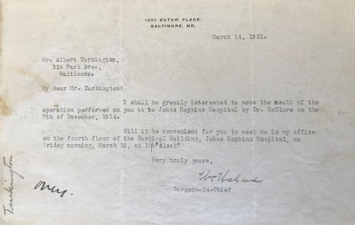 Typed letter signed from Halsted to Albert Turkington. Baltimore, Maryland, March 14, 1921.