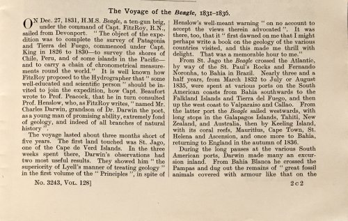 The Voyage of the Beagle, 1831-1836. [and]: DOUGLAS, H.P. FitzRoy's Hydrographic Surveys. [and]: BARLOW, Nora. The Voyage of the Beagle. Contained in: Nature, Vol. 128, No. 3243 & Vol. 129, No. 3249 & Vol. 129, No. 3255. These articles: pp. 1065-67; 200; 439.
