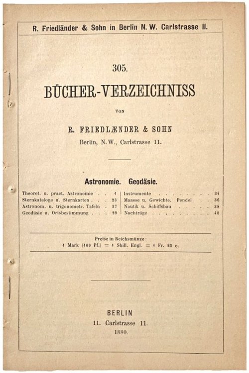305. Bucher-Verzeichniss von R. Friedlander & Sohn. Astronomie. Geodasie.
