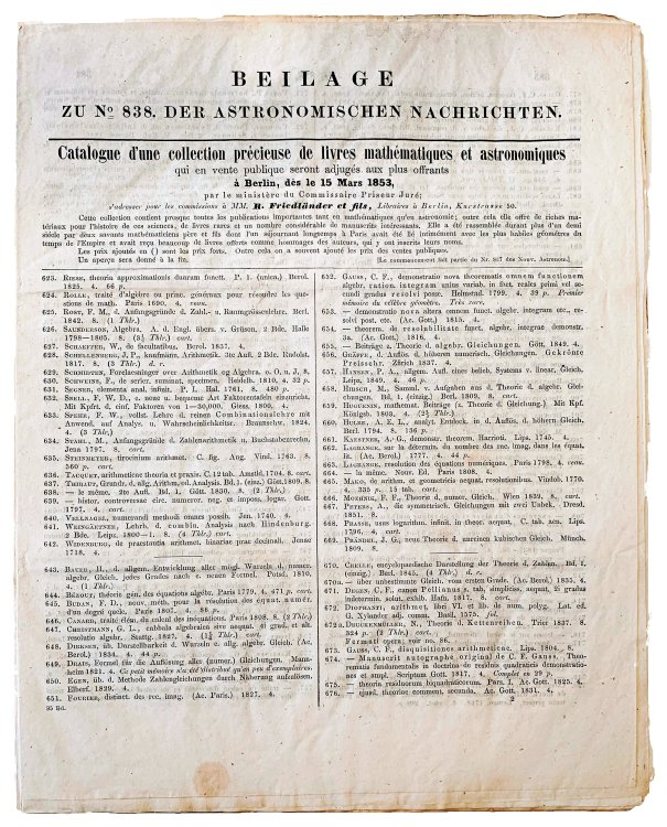 Catalogue d'Une Collection Precieuse de Livres Mathematiques et Astronomiques. . . Beilage zu No. 837 and No. 838. Der Astronomischen Nachrichten.