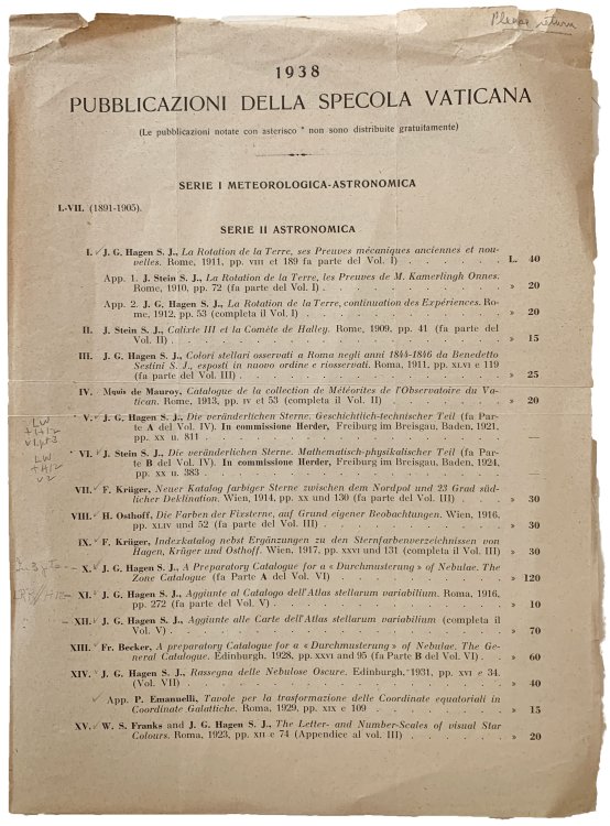 Pubblicazioni della Specola Vaticana, 1938. Serie I Meteorologica, Astronomica; Serie II Astronomica.