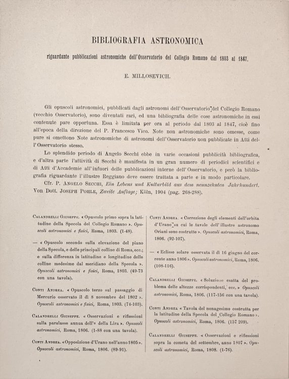 Bibliografia Astronomica: Riguardante Pubblicazioni Astronomiche dell'Osservatorio del Collegio Roman dal 1803 al 1847.