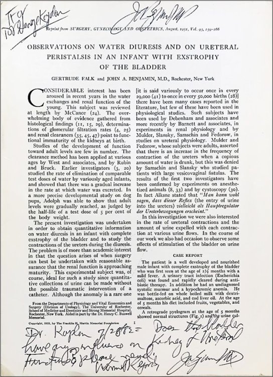 'Observations on Water Diuresis on Ureteral Peristalsis in an Infant with Exstrophy of the Bladder.' [Offprint].