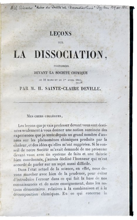 Lecons sur la dissociation, professees devant la Societe chimique le 18 mars et le 1er avril 1864. [
