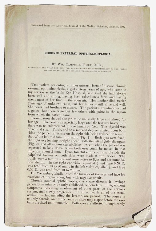 [8 pamphlets relating to ophthalmology]. 1899-1907. INCLUDING: ZENTMAYER, William, M.D. (1864-1958); Wm. Campbell POSEY, M.D. Comparative Value of The Administration of Eserine and the Performance of Iridectomy in the Treatment of Simple Glaucoma, Based upon the Clinical Observations of One Hundred 