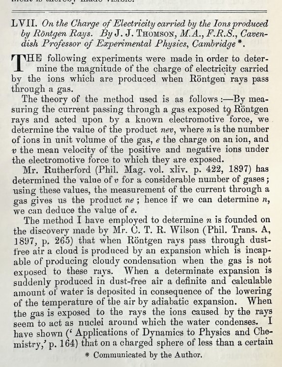 On the Charge of Electricity carried by the Ions produced by Rontgen Rays. London: Philosophical Magazine and Journal of Science, 1898.