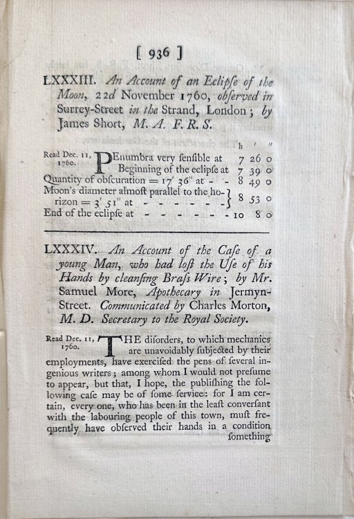 An account of the Case of a young Man, who had lost the Use of his Hands by cleaning Brass Wire; Communicated by Charles Morton, M.D., Secretary to the Royal Society.