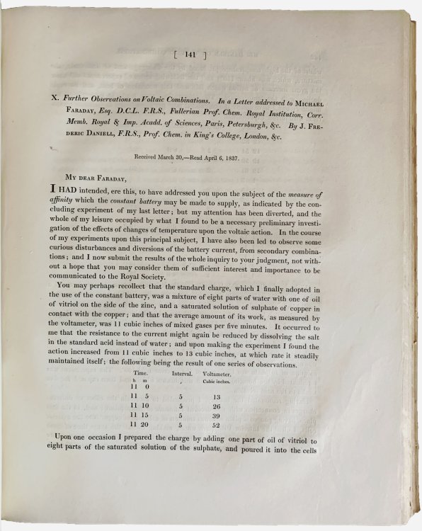 Further observations on voltaic combinations. In a letter addressed to Michael Faraday. . . In: Philosophical Transactions of the Royal Society of London. For the year MDCCCXXXVII, Vol. 127, Part I [with Part II].
