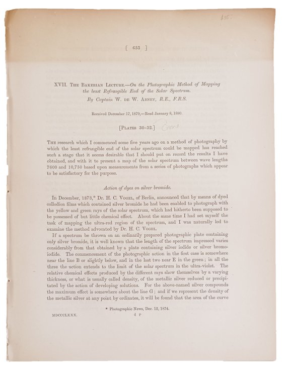 The Bakerian Lecture. On the photographic method of mapping the least refrangible end of the solar spectrum. Extract from: Philosophical Transactions of the Royal Society of London. For the year MDCCCLXXX, Vol. 171.