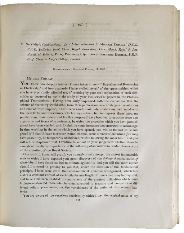 On voltaic combinations. In a letter addressed to Michael Faraday. . . with: Additional observations on voltaic combinations. In a letter addressed to Michael Faraday. . . In: Philosophical Transactions of the Royal Society of London. For the year MDCCCXXXVI, Vol. 126, Part I.